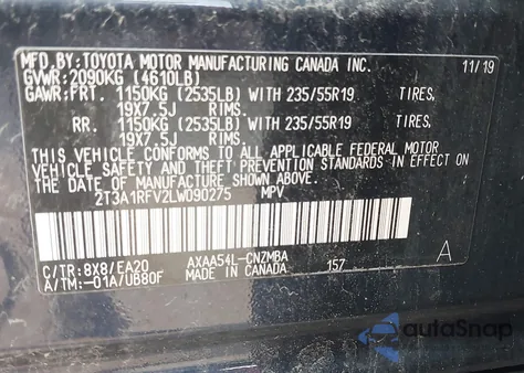 2020 Toyota Rav4 Xle Premium from USA, damaged, VIN 2T3A1RFV2LW090275